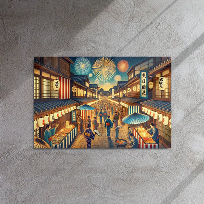 Wide Japanese street festival scene with lanterns, fireworks, and Yukata-clad people – vibrant night art on metal print for wall decor.