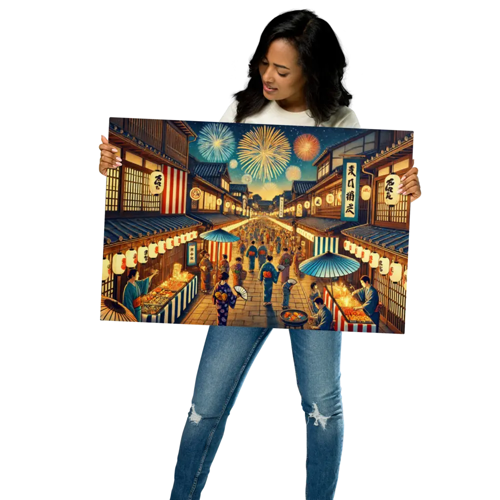 Wide Japanese street festival scene with lanterns, fireworks, and Yukata-clad people – vibrant night art on metal print for wall decor.