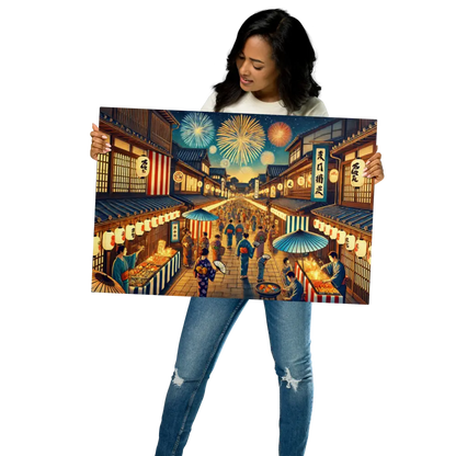 Wide Japanese street festival scene with lanterns, fireworks, and Yukata-clad people – vibrant night art on metal print for wall decor.