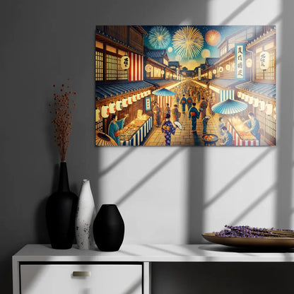 Wide Japanese street festival scene with lanterns, fireworks, and Yukata-clad people – vibrant night art on metal print for wall decor.