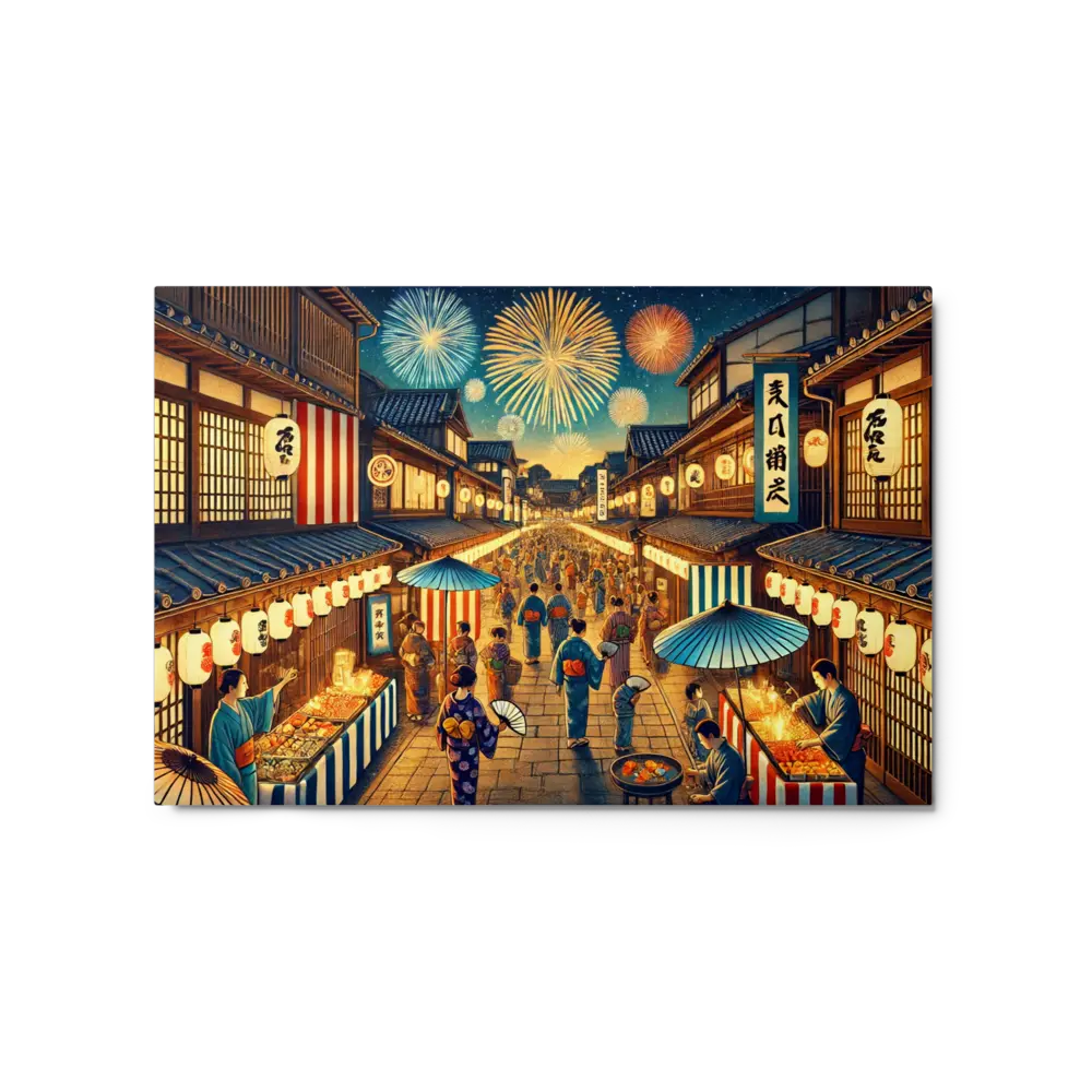 Wide Japanese street festival scene with lanterns, fireworks, and Yukata-clad people – vibrant night art on metal print for wall decor.