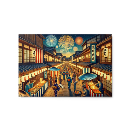 Wide Japanese street festival scene with lanterns, fireworks, and Yukata-clad people – vibrant night art on metal print for wall decor.