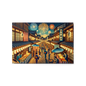 Wide Japanese street festival scene with lanterns, fireworks, and Yukata-clad people – vibrant night art on metal print for wall decor.
