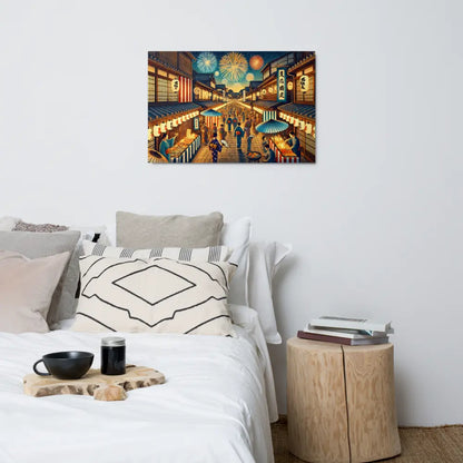 Wide Japanese street festival scene with lanterns, fireworks, and Yukata-clad people – vibrant night art on metal print for wall decor.