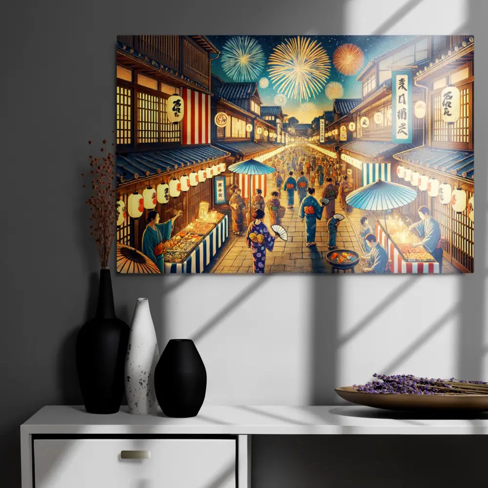 Wide Japanese street festival scene with lanterns, fireworks, and Yukata-clad people – vibrant night art on metal print for wall decor.