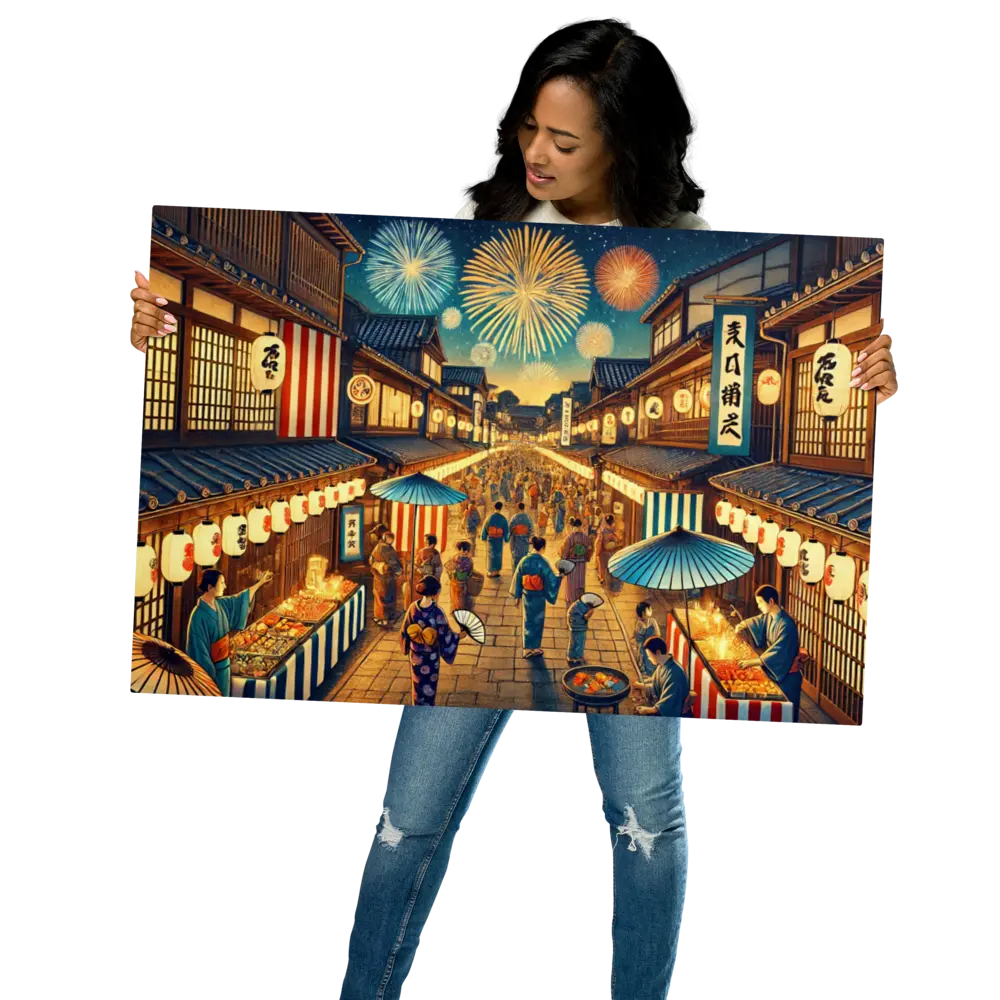Wide Japanese street festival scene with lanterns, fireworks, and Yukata-clad people – vibrant night art on metal print for wall decor.