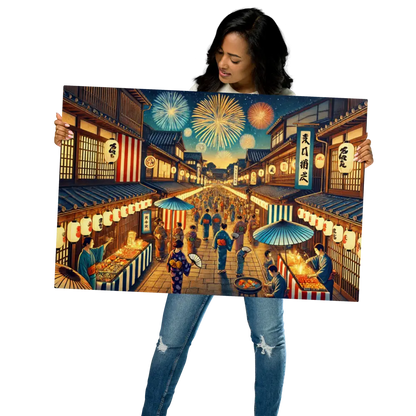 Wide Japanese street festival scene with lanterns, fireworks, and Yukata-clad people – vibrant night art on metal print for wall decor.