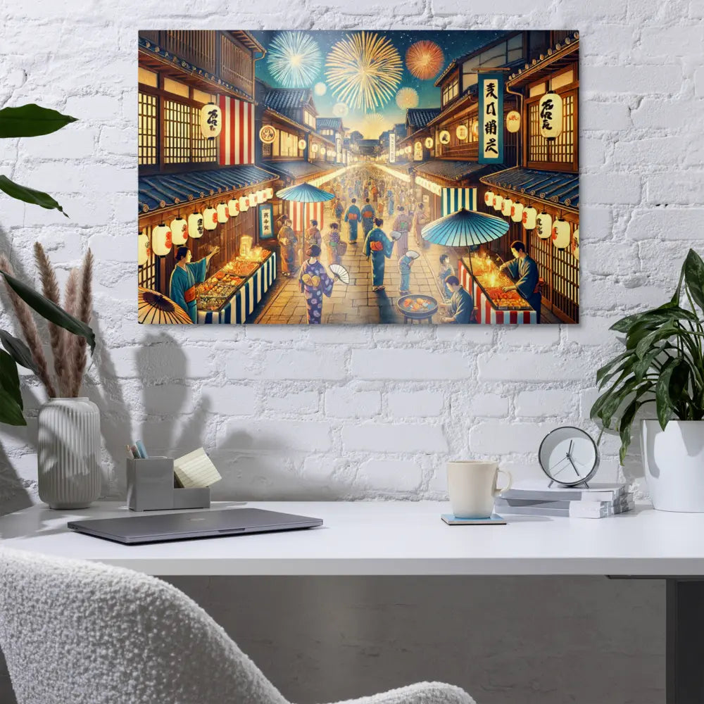 Wide Japanese street festival scene with lanterns, fireworks, and Yukata-clad people – vibrant night art on metal print for wall decor.