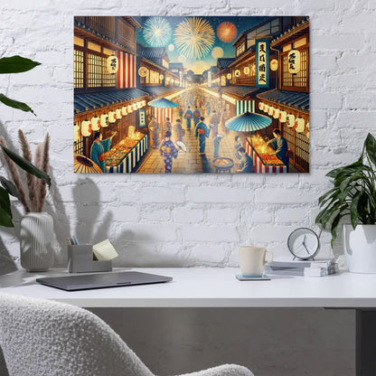 Wide Japanese street festival scene with lanterns, fireworks, and Yukata-clad people – vibrant night art on metal print for wall decor.