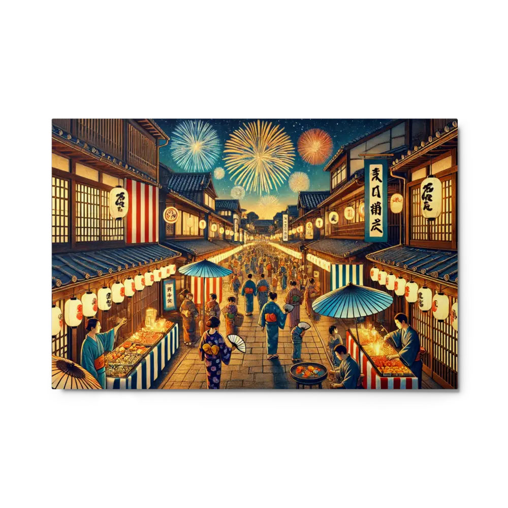 Wide Japanese street festival scene with lanterns, fireworks, and Yukata-clad people – vibrant night art on metal print for wall decor.
