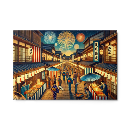 Wide Japanese street festival scene with lanterns, fireworks, and Yukata-clad people – vibrant night art on metal print for wall decor.