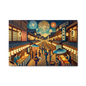 Wide Japanese street festival scene with lanterns, fireworks, and Yukata-clad people – vibrant night art on metal print for wall decor.