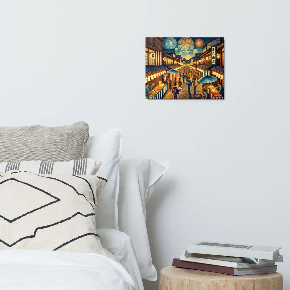 Wide Japanese street festival scene with lanterns, fireworks, and Yukata-clad people – vibrant night art on metal print for wall decor.