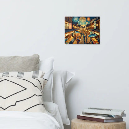 Wide Japanese street festival scene with lanterns, fireworks, and Yukata-clad people – vibrant night art on metal print for wall decor.