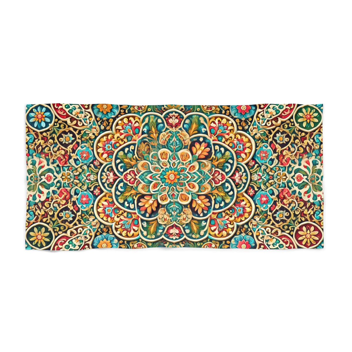 Large summer beach towel with boho-style mandala print, perfect for sunbathing