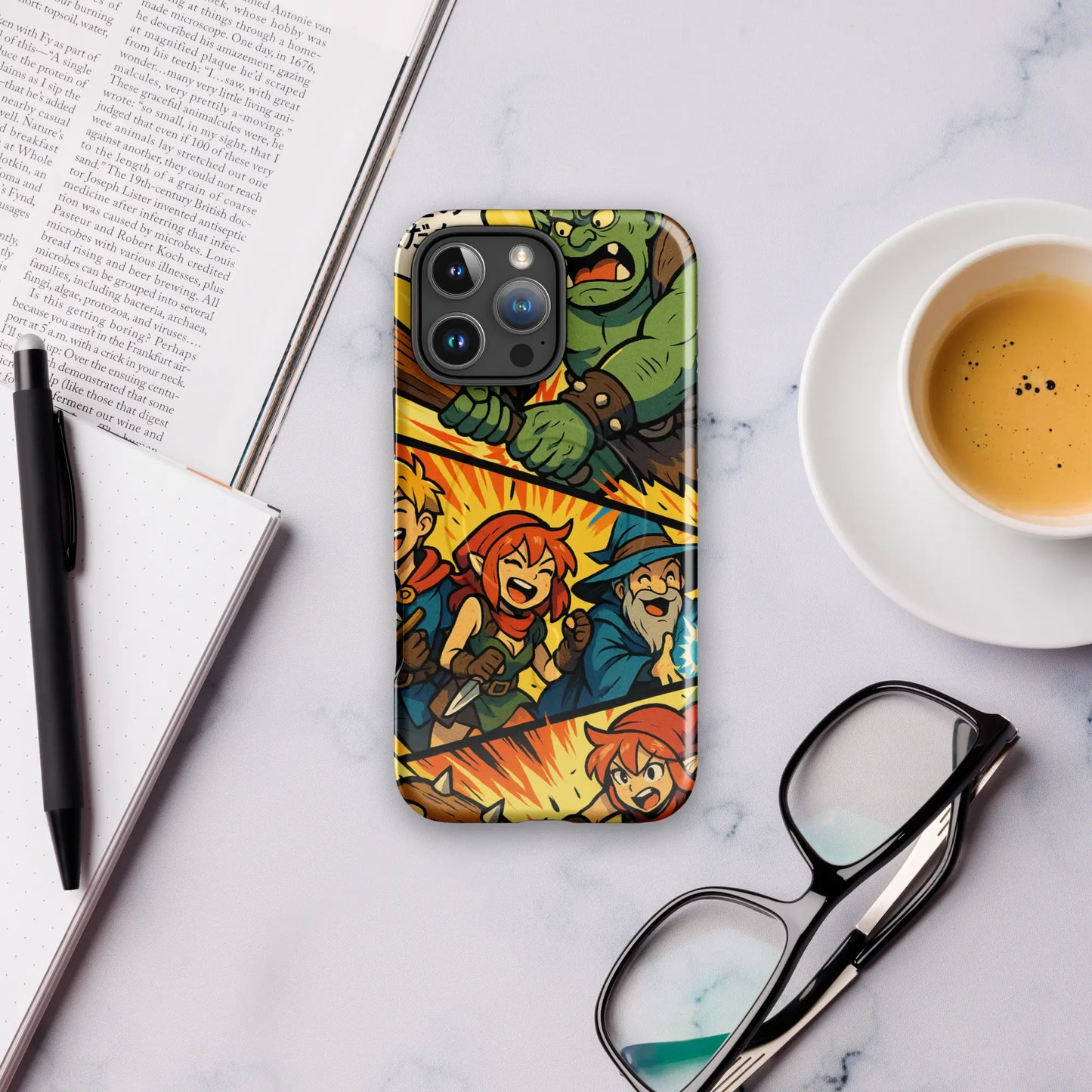 Manga-style iPhone case with fantasy characters and orc battle scene, compatible with iPhone 14 to 16, shown in vibrant comic design.