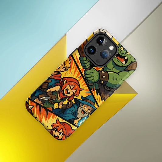 Manga-style iPhone case with fantasy characters and orc battle scene, compatible with iPhone 14 to 16, shown in vibrant comic design.