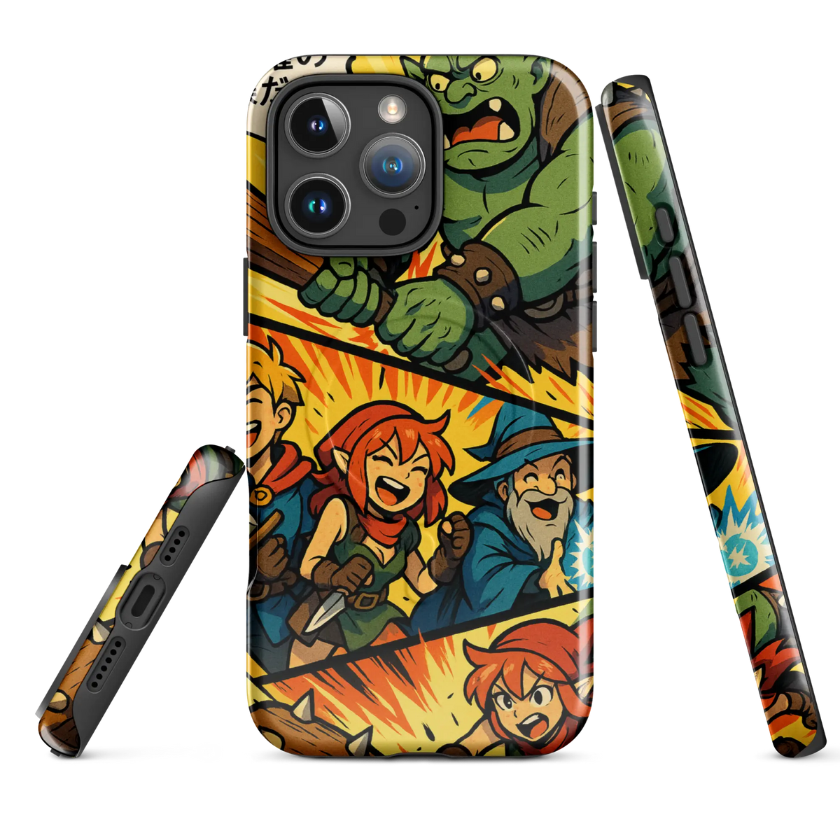 Manga-style iPhone case with fantasy characters and orc battle scene, compatible with iPhone 14 to 16, shown in vibrant comic design.
