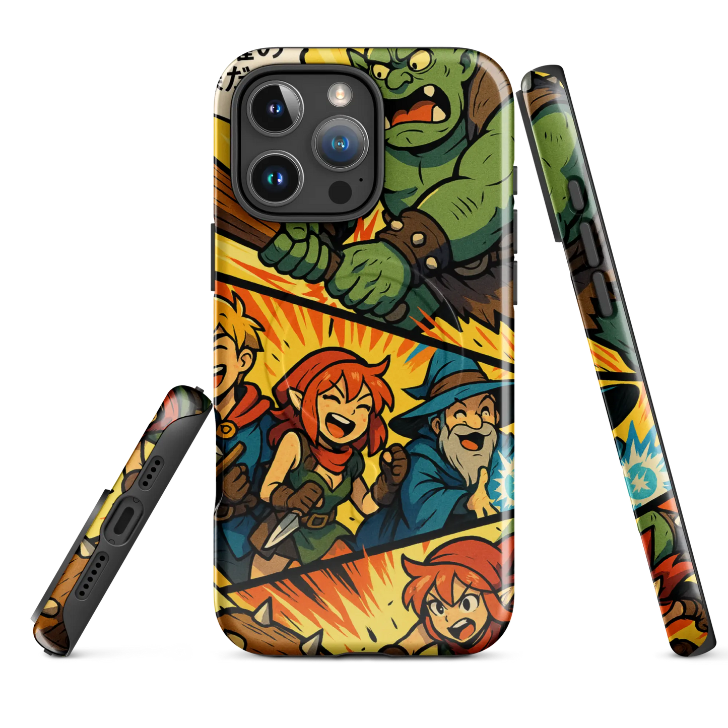 Manga-style iPhone case with fantasy characters and orc battle scene, compatible with iPhone 14 to 16, shown in vibrant comic design.