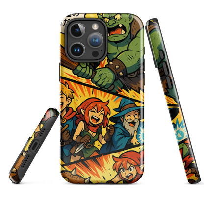Manga-style iPhone case with fantasy characters and orc battle scene, compatible with iPhone 14 to 16, shown in vibrant comic design.