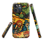 Manga-style iPhone case with fantasy characters and orc battle scene, compatible with iPhone 14 to 16, shown in vibrant comic design.