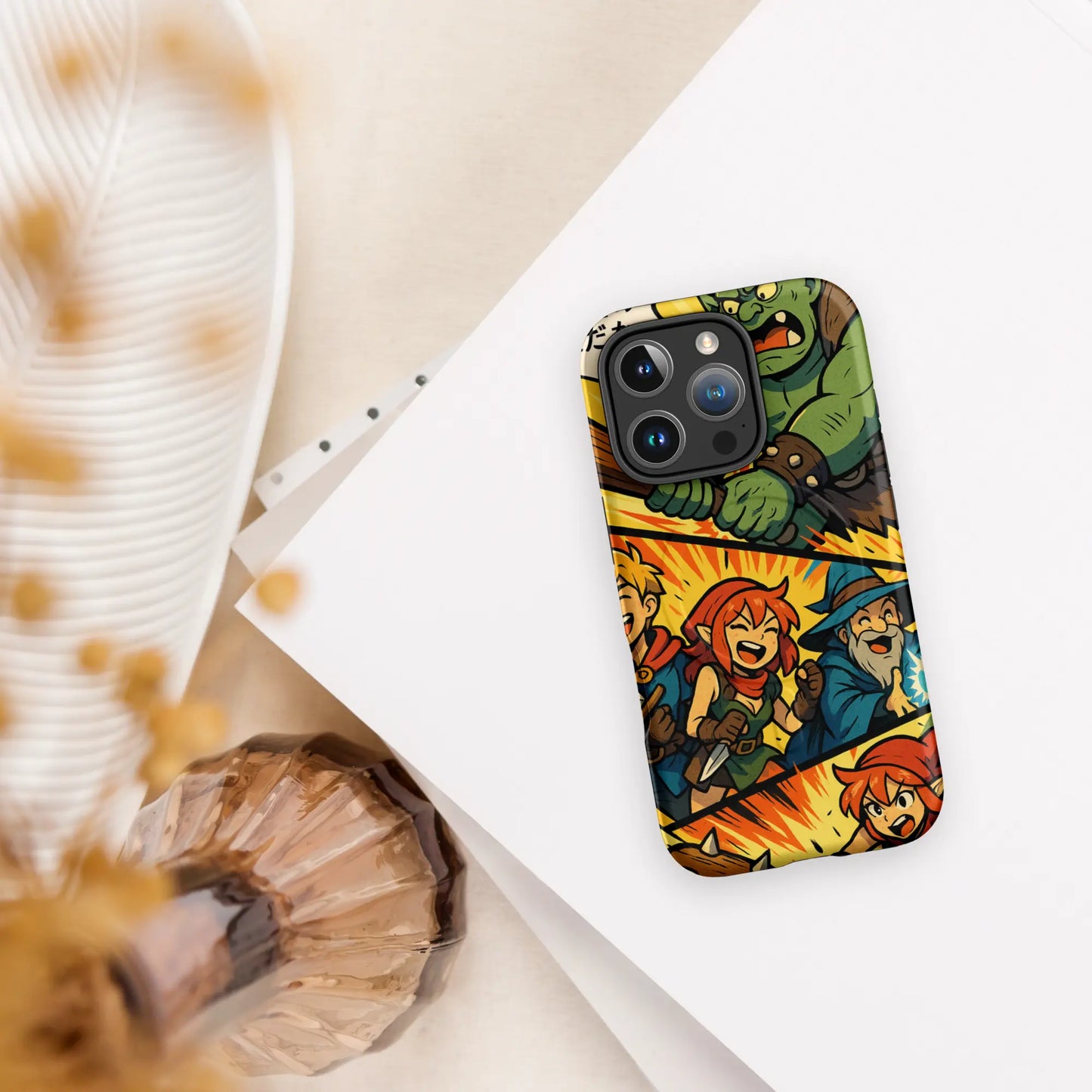 Manga-style iPhone case with fantasy characters and orc battle scene, compatible with iPhone 14 to 16, shown in vibrant comic design.