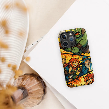 Manga-style iPhone case with fantasy characters and orc battle scene, compatible with iPhone 14 to 16, shown in vibrant comic design.