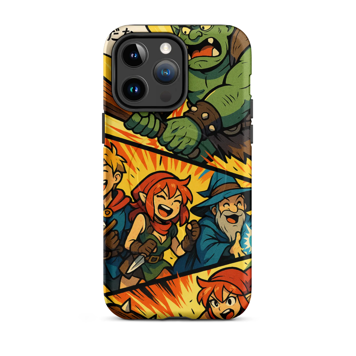Manga-style iPhone case with fantasy characters and orc battle scene, compatible with iPhone 14 to 16, shown in vibrant comic design.