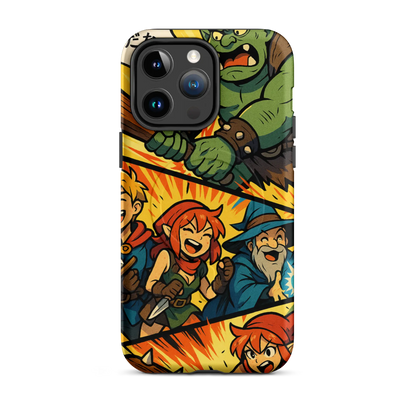 Manga-style iPhone case with fantasy characters and orc battle scene, compatible with iPhone 14 to 16, shown in vibrant comic design.