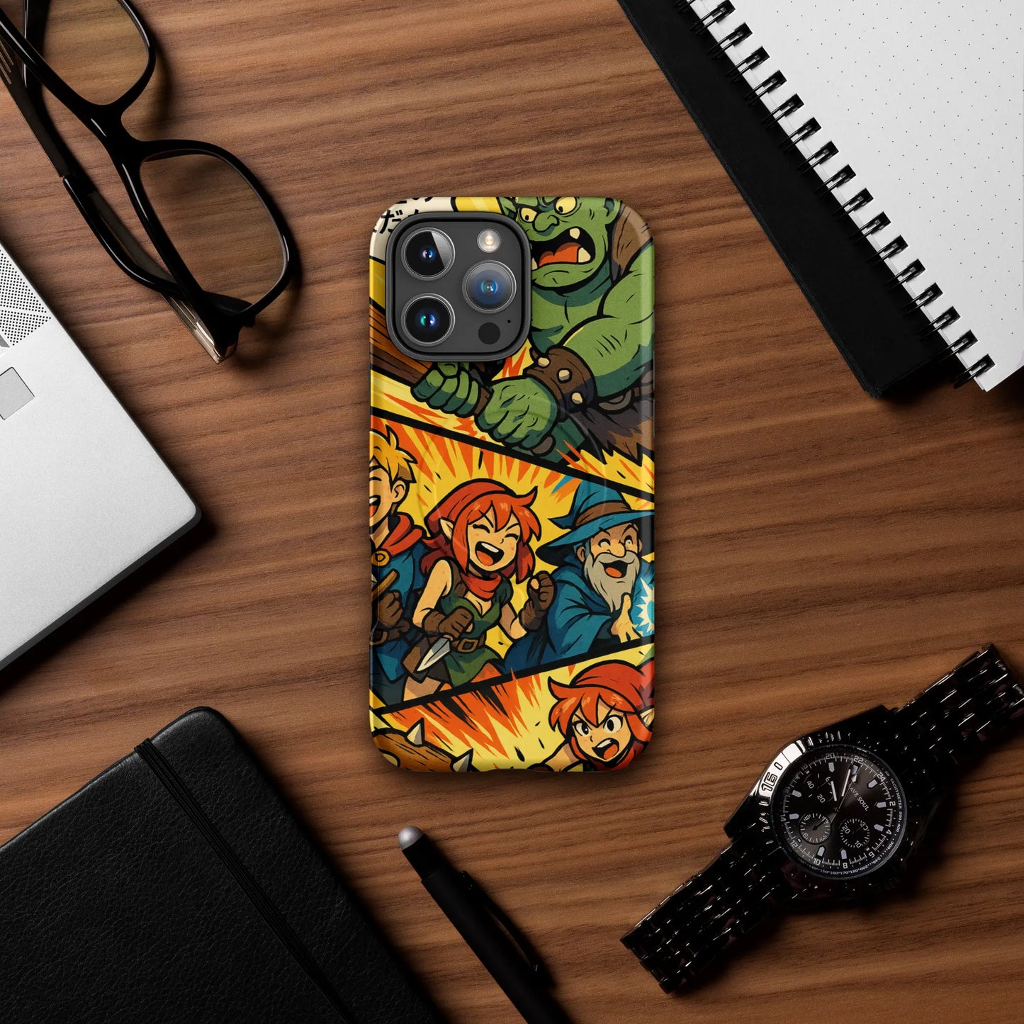 Manga-style iPhone case with fantasy characters and orc battle scene, compatible with iPhone 14 to 16, shown in vibrant comic design.
