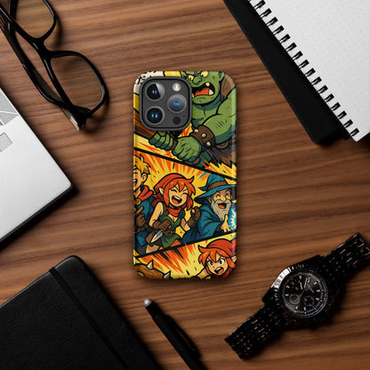 Manga-style iPhone case with fantasy characters and orc battle scene, compatible with iPhone 14 to 16, shown in vibrant comic design.