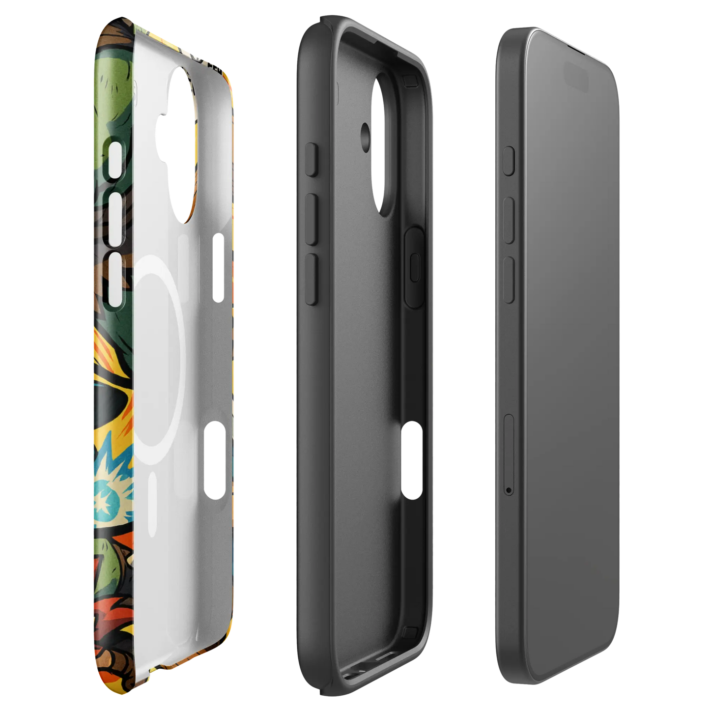 Manga-style iPhone case with fantasy characters and orc battle scene, compatible with iPhone 14 to 16, shown in vibrant comic design.