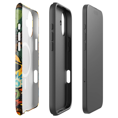 Manga-style iPhone case with fantasy characters and orc battle scene, compatible with iPhone 14 to 16, shown in vibrant comic design.
