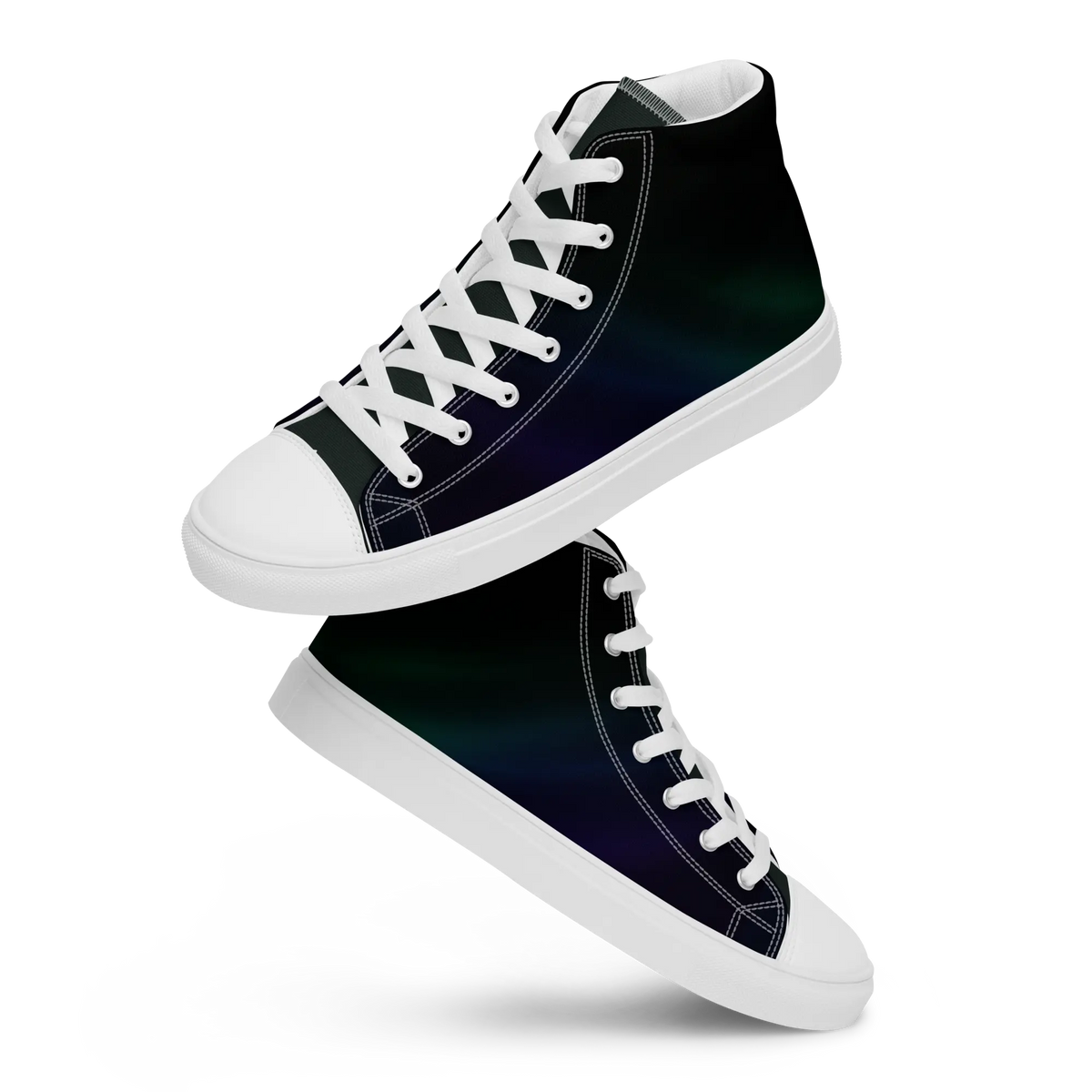 High-top canvas shoes with aurora borealis gradient design in green, blue, and purple