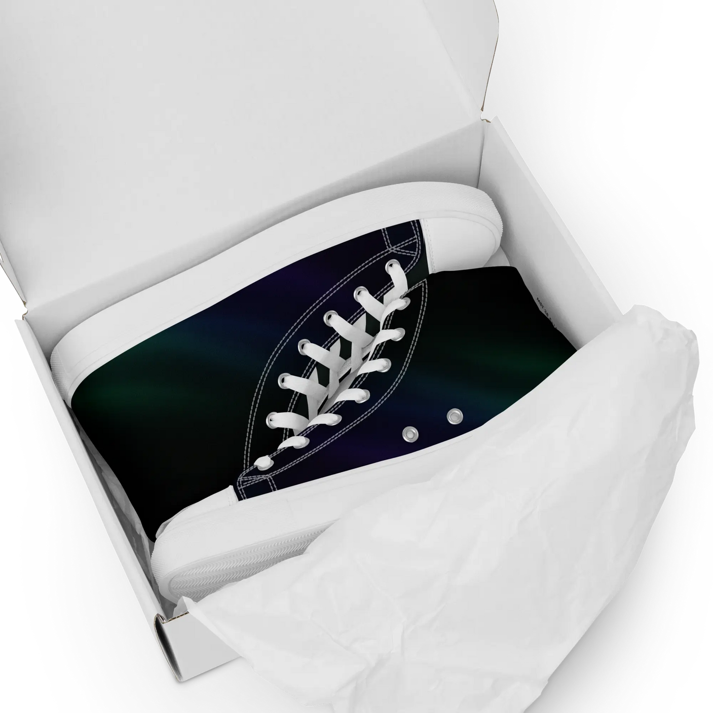 High-top canvas shoes with aurora borealis gradient design in green, blue, and purple