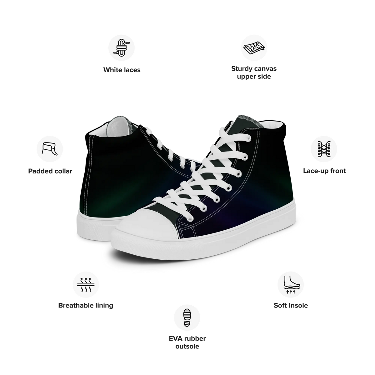 High-top canvas shoes with aurora borealis gradient design in green, blue, and purple