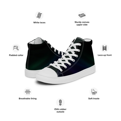 High-top canvas shoes with aurora borealis gradient design in green, blue, and purple