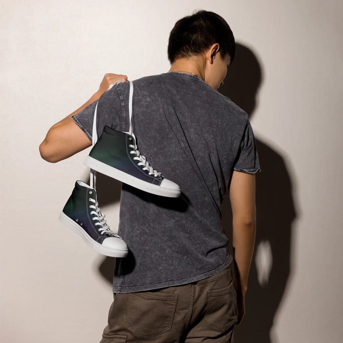 High-top canvas shoes with aurora borealis gradient design in green, blue, and purple