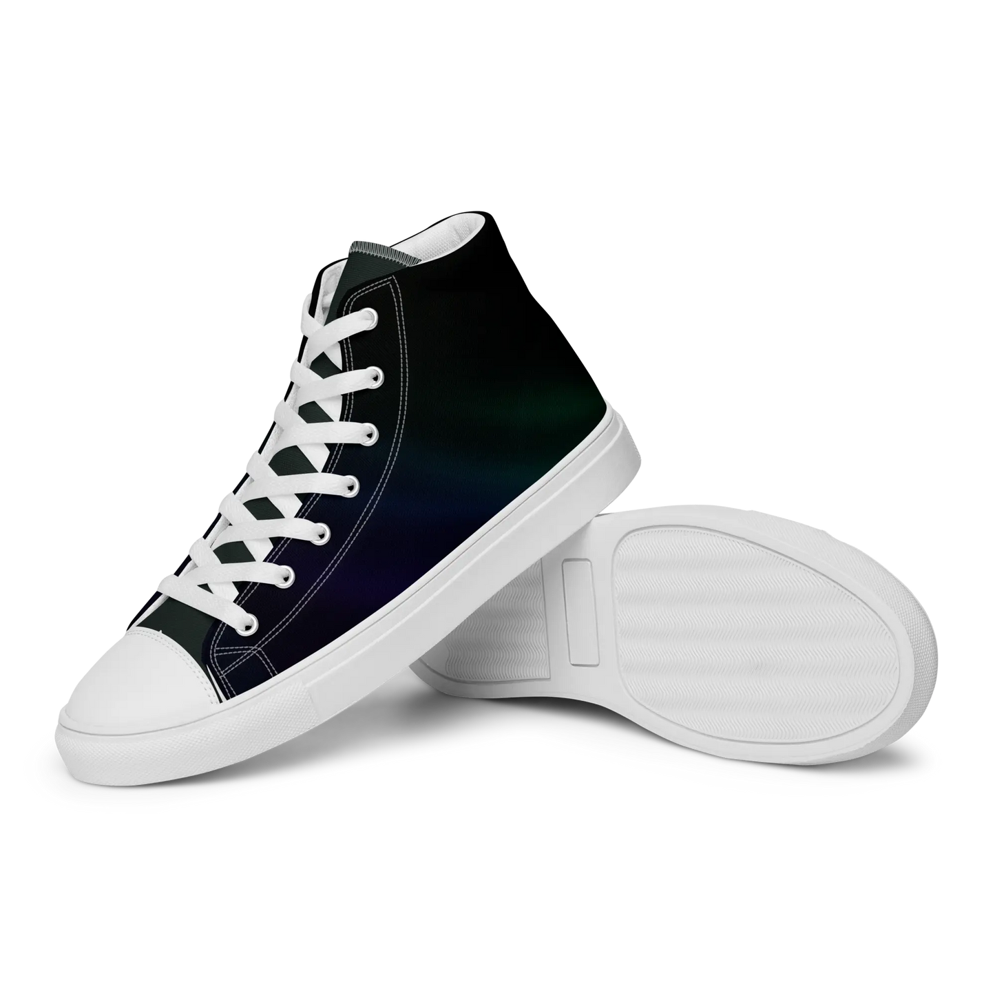 High-top canvas shoes with aurora borealis gradient design in green, blue, and purple