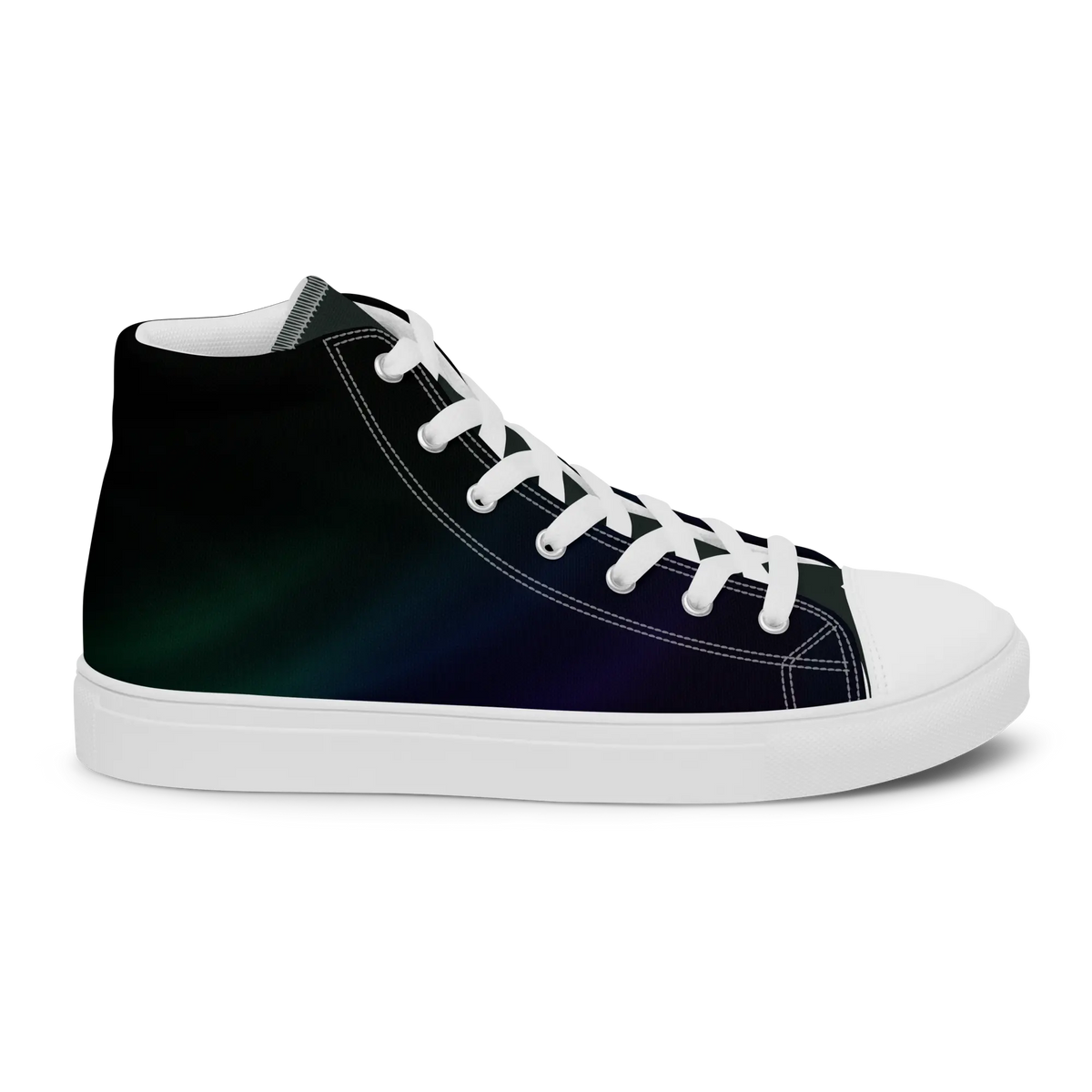 High-top canvas shoes with aurora borealis gradient design in green, blue, and purple