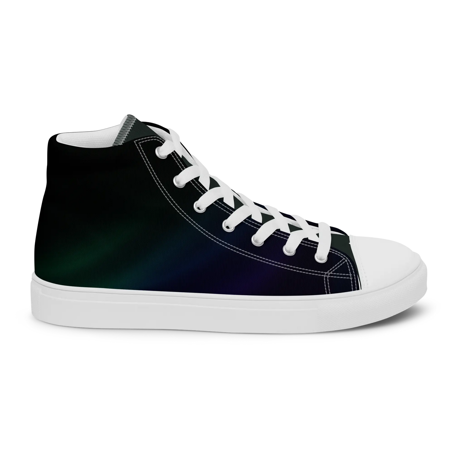High-top canvas shoes with aurora borealis gradient design in green, blue, and purple