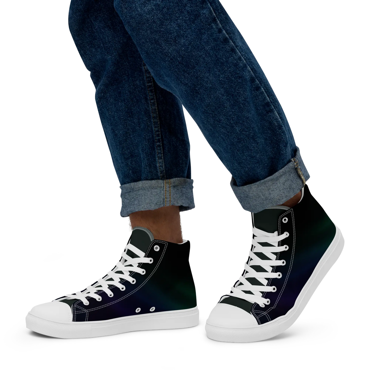 High-top canvas shoes with aurora borealis gradient design in green, blue, and purple