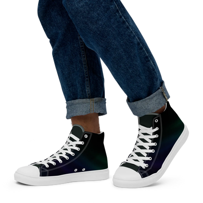 High-top canvas shoes with aurora borealis gradient design in green, blue, and purple
