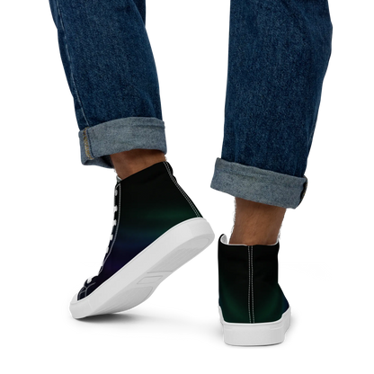 High-top canvas shoes with aurora borealis gradient design in green, blue, and purple