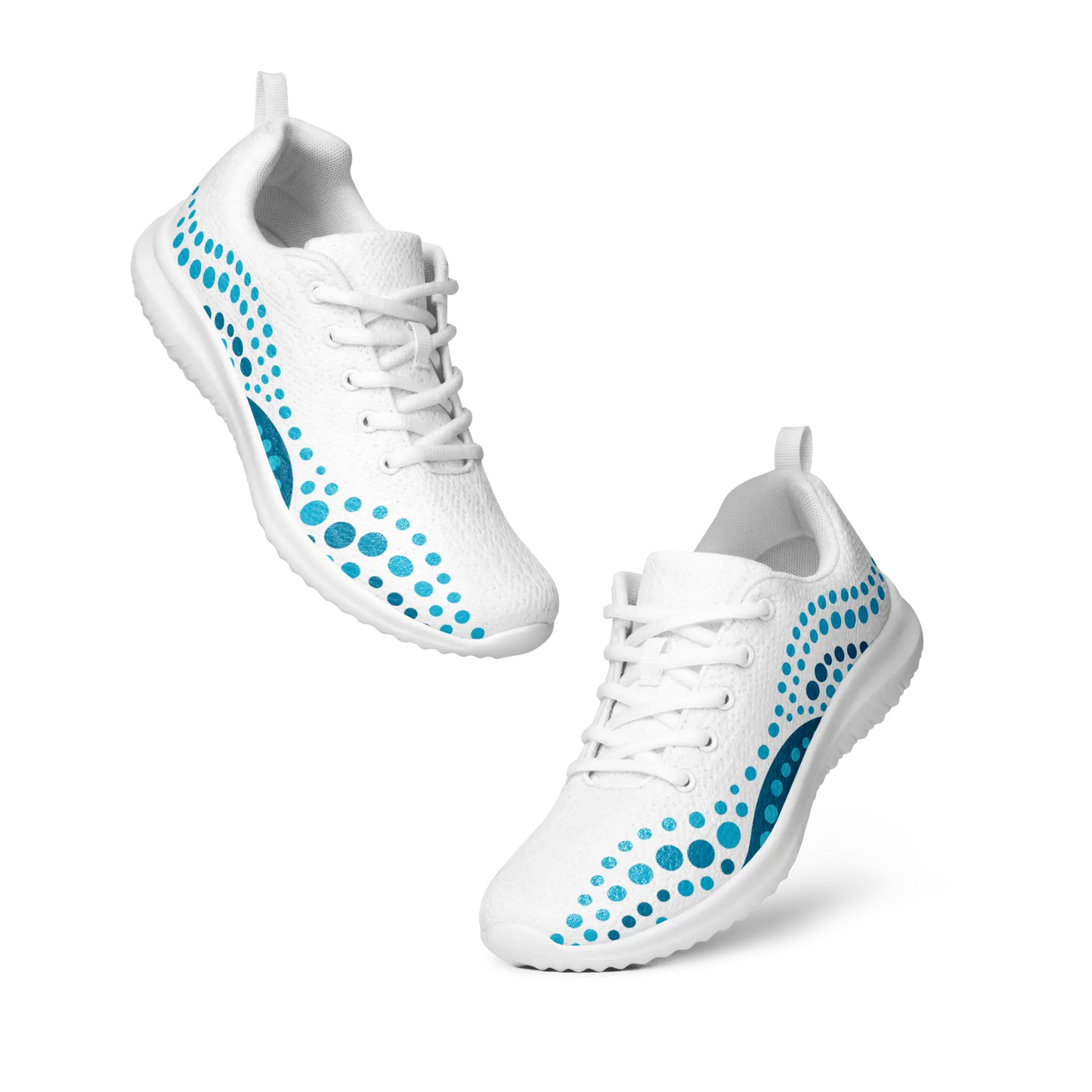 White athletic shoes with blue indigenous dot art pattern – Ocean Flow design