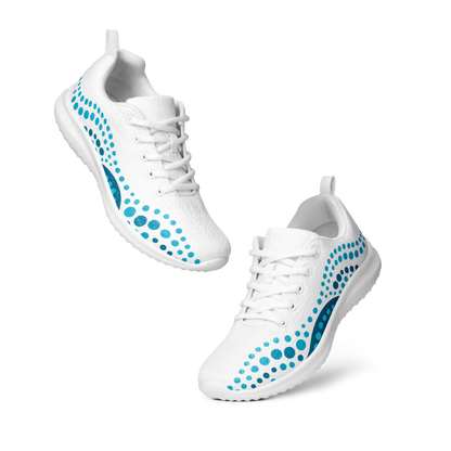 White athletic shoes with blue indigenous dot art pattern – Ocean Flow design