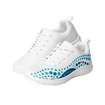 White athletic shoes with blue indigenous dot art pattern – Ocean Flow design
