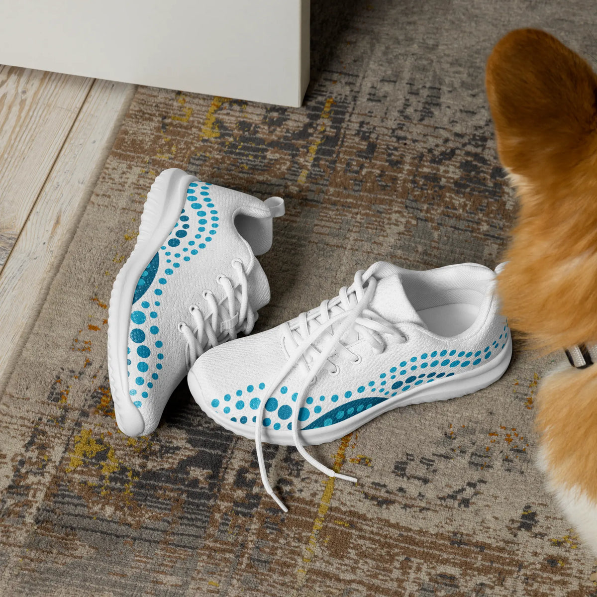 White athletic shoes with blue indigenous dot art pattern – Ocean Flow design