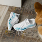 White athletic shoes with blue indigenous dot art pattern – Ocean Flow design