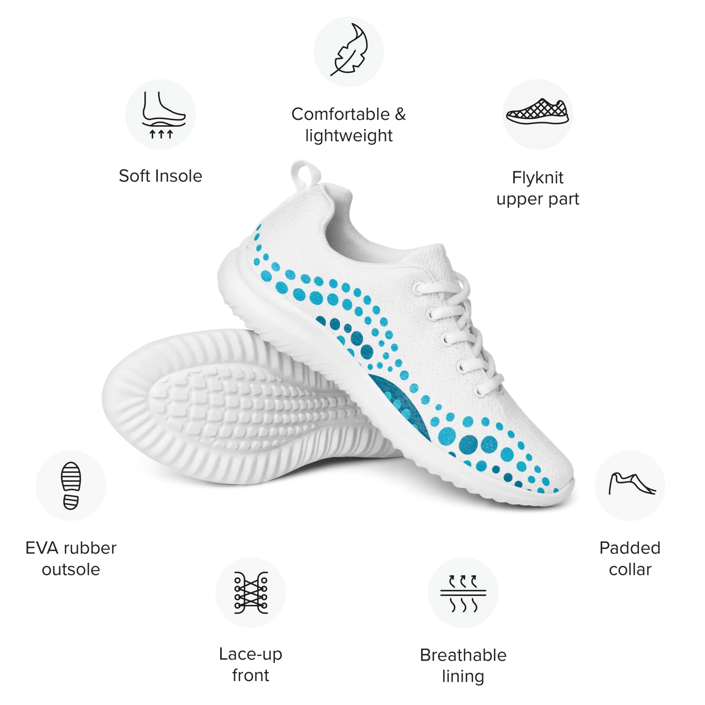 White athletic shoes with blue indigenous dot art pattern – Ocean Flow design